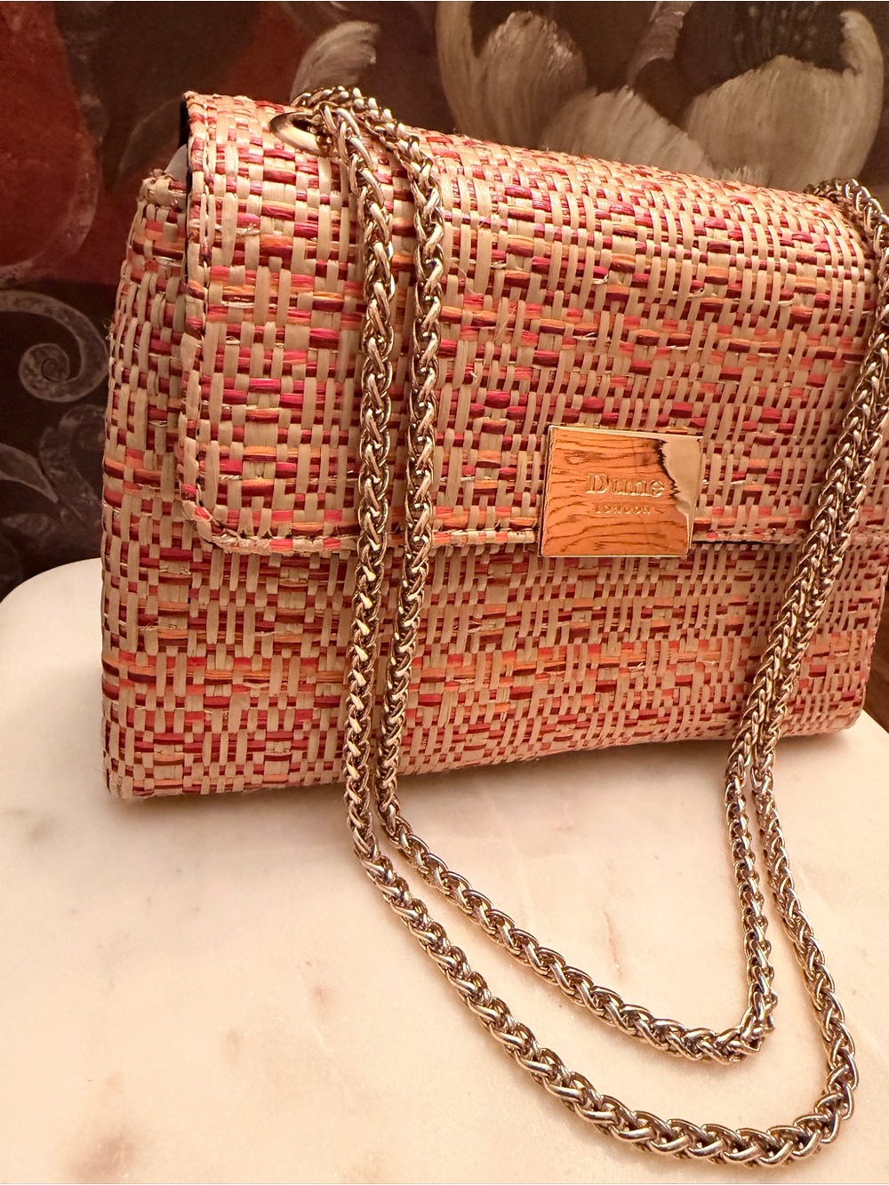 Dune London Pink Multicolor Raffia Woven Shoulder Bag w/Gold Chain (Like New) - Picture 5 of 12
